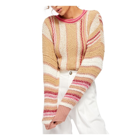 Free People Sweaters - Free People Women's Short Length Pinstripe Long Sleeve T-Shirt Sweater White Siz